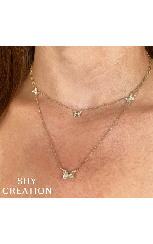 Shy Creation 14k Yellow Gold .23ctw Diamond Butterfly Station Necklace SC55024047