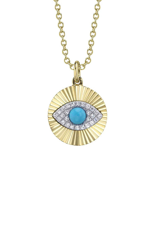 Shy Creation 14k Yellow Gold 18" .14ct Turquoise .06ct Evil Eye Necklace SC55028030