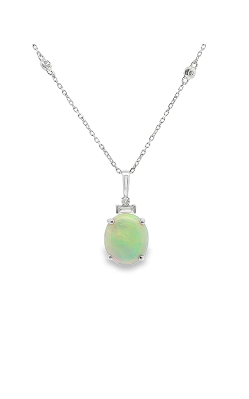 Albert's 14k White Gold 18" 1.97ct Oval Ethiopian Opal .11ctw Diamond Pendant P2311924
