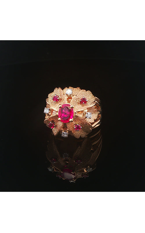 Albert's Estate 14K Yellow Gold .50Ct Oval Ruby .20Ctw Round Ruby .16Ctw Round Diamond Single Cut Ladies Fashion Ring ELRNG01275