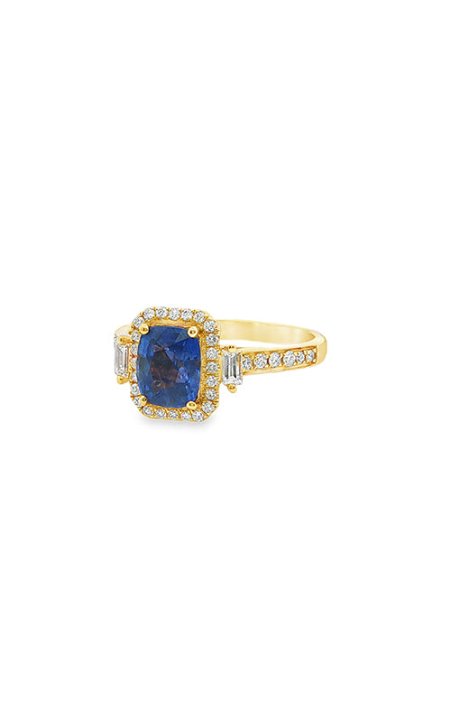 Albert's 18k Yellow Gold 1.47ct Blue Sapphire, .11ct Diamond Baguette and .24ct Round Diamond Ring R2318733