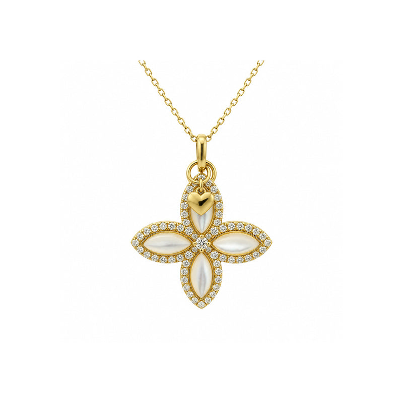 Albert's 14k Yellow Gold 1.49ctw Mother of Pearl and .44ctw Round Diamond Flower with Heart Charm Adjustable 16-18" Necklace N2412087