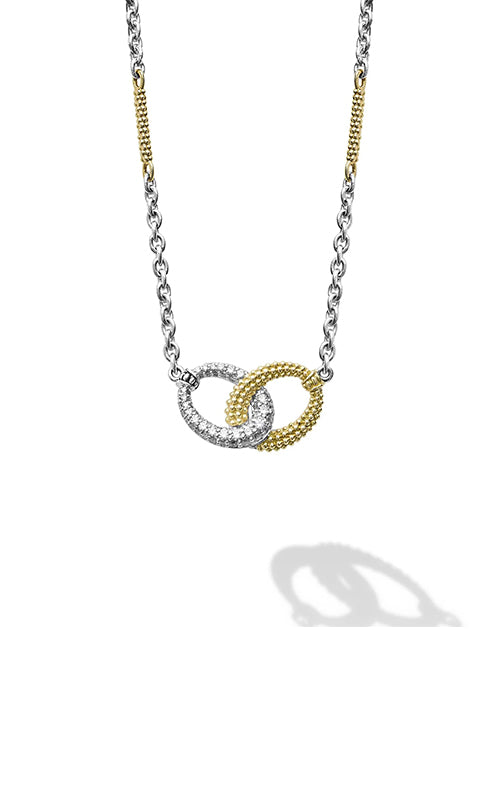 Lagos Sterling Silver and 18K Yellow Gold Caviar Lux .38CTW Round Diamond 12MM Necklace 04-81307-DDML