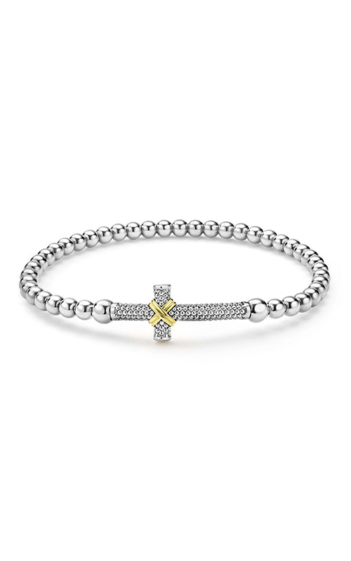 Lagos Sterling Silver 18K Yellow Gold Caviar Cross Stretch Bracelet 05-81651-7