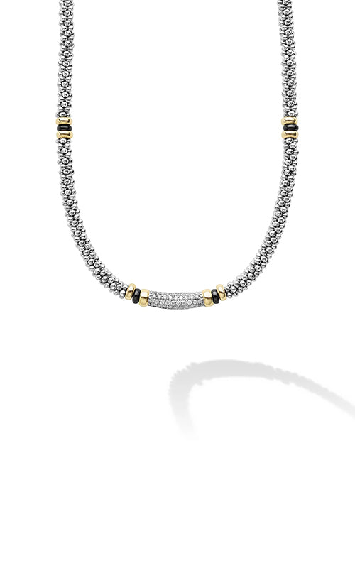 Lagos Sterling Silver 18K Yellow Gold Black Ceramic Caviar .17CTW Diamond Necklace 04-81294-CB16