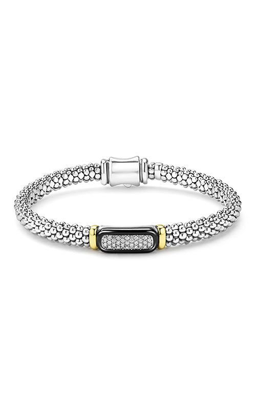 Lagos Sterling Silver 18K Yellow Gold Black Ceramic .16CTW Diamond Caviar Bracelet 05-81598-CB7