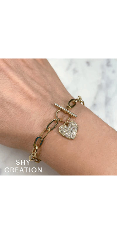 Shy Creation 14K Yellow Gold .41Ctw Diamond Pave Heart Paperclip Bracelet SC55024899Z7.5