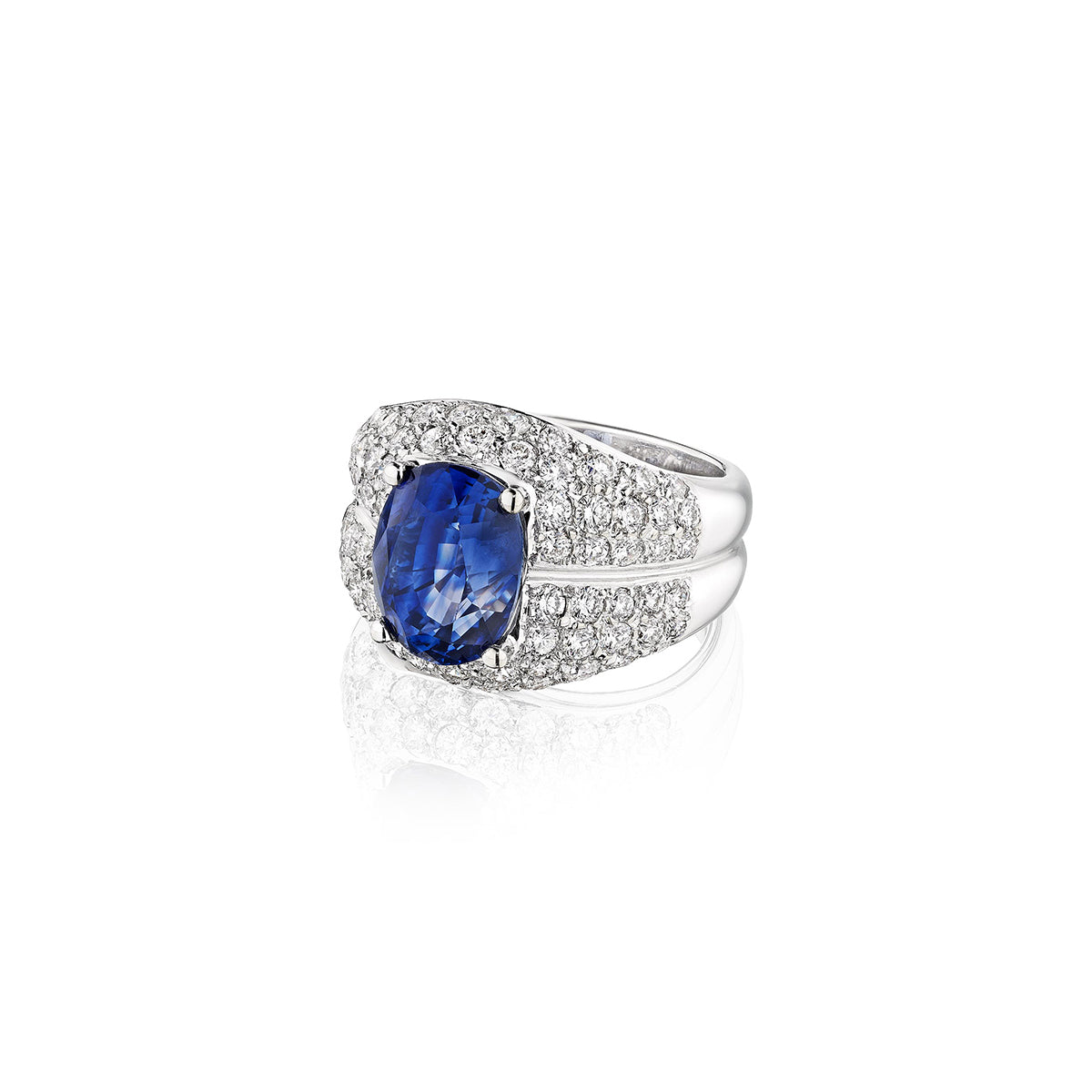 Albert's 18k 7.12ct Oval Ceylon Sapphire and 2.14ctw Diamond Round Pave Ring CRR4729