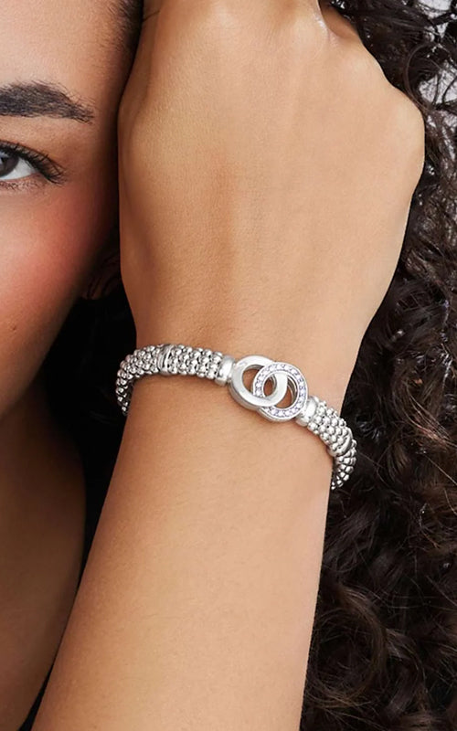 LAGOS Sterling Silver 7" Signature Caviar Interlocking .39ctw Round Diamond 9mm Beaded Bracelet  05-81692-DD7