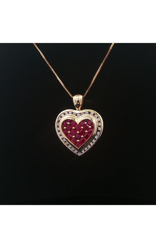 Albert's Estate 14K Yellow Gold 18" 1.68CTW Princess Cut Ruby .15CTW Round Diamond Heart Necklace on Box Chain EPEN01772
