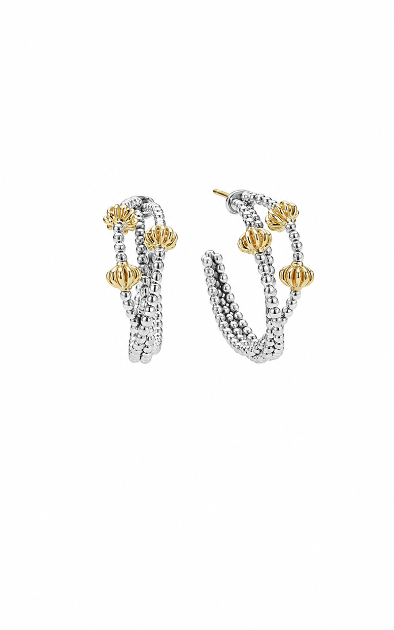 LAGOS Sterling Silver/18ky Caviar Icon 30x12 Beaded Triple Hoop Earrings x01-81503-30