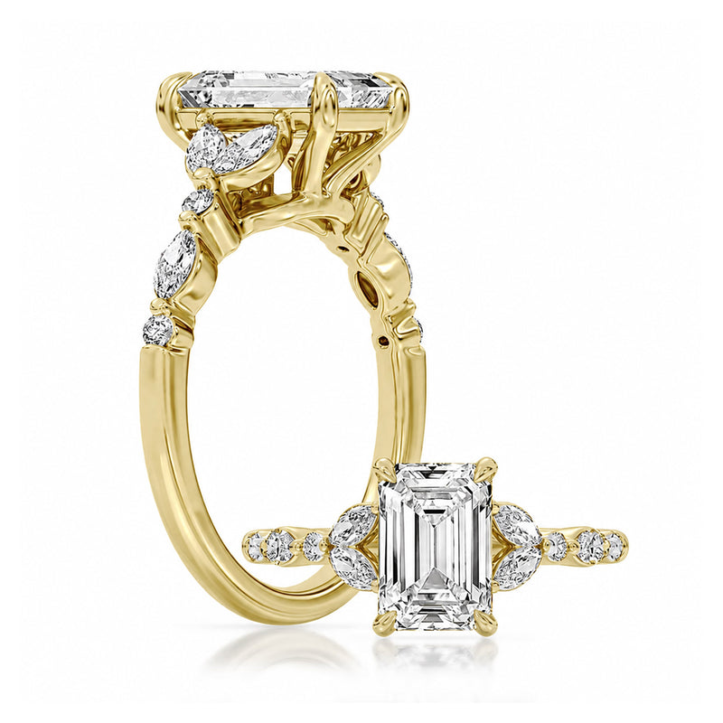 Centurion 14k Yellow Gold 2.08ct 100 Facets Emerald Lab Grown Diamond .47ctw Marquise and Round Lab Grown Diamond Engagement Ring RG073363-EM-H2C-YLG14