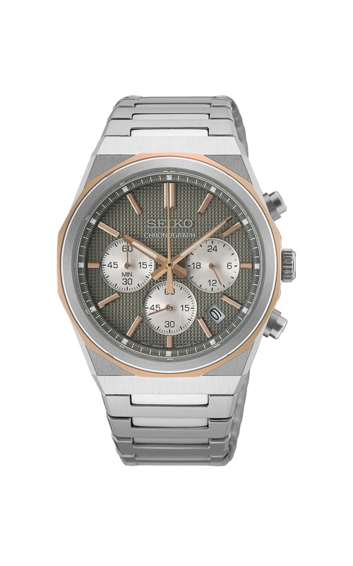 Seiko Essentials Men's Chronograph Rose Tone Gray Dial Watch HGK002