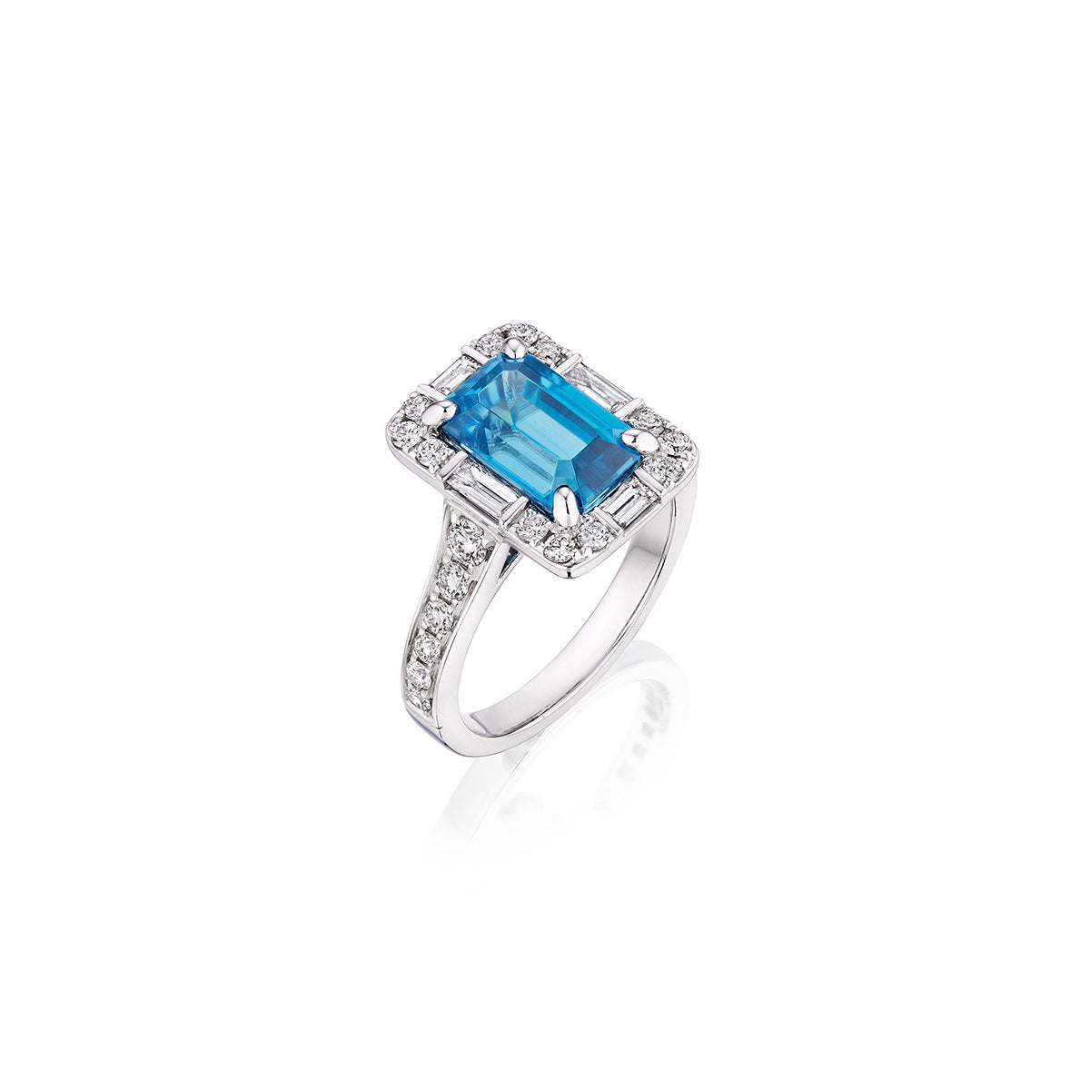 Ashley Lauren 14k White Gold 5.21ct Emerald Cut Cambodian Blue Zircon, .58ctw Round and .23ctw Baguette Diamond Ring ER12932-E522A