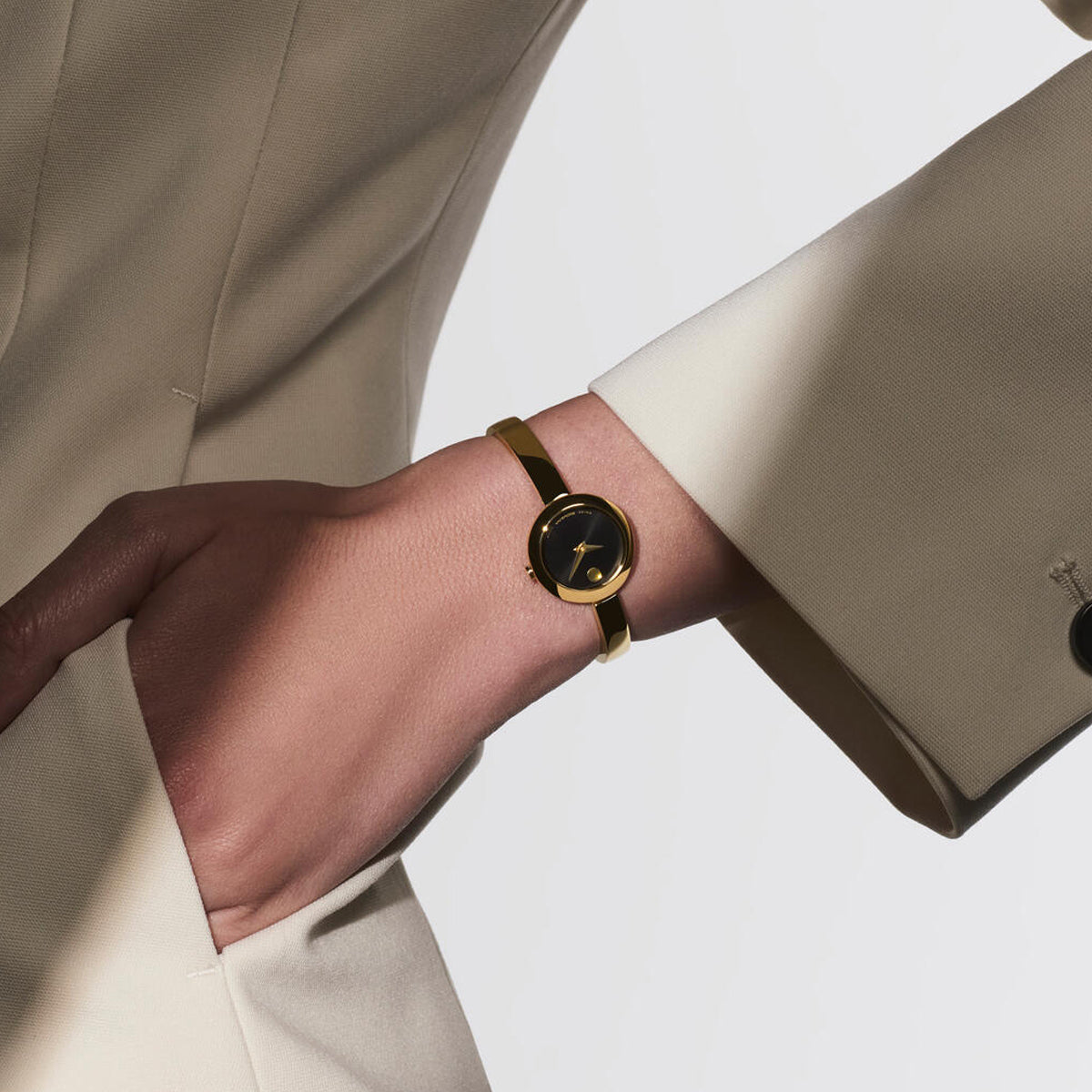 Movado Ladies' Gold Tone Black Dial Museum Bangle Watch 0608163