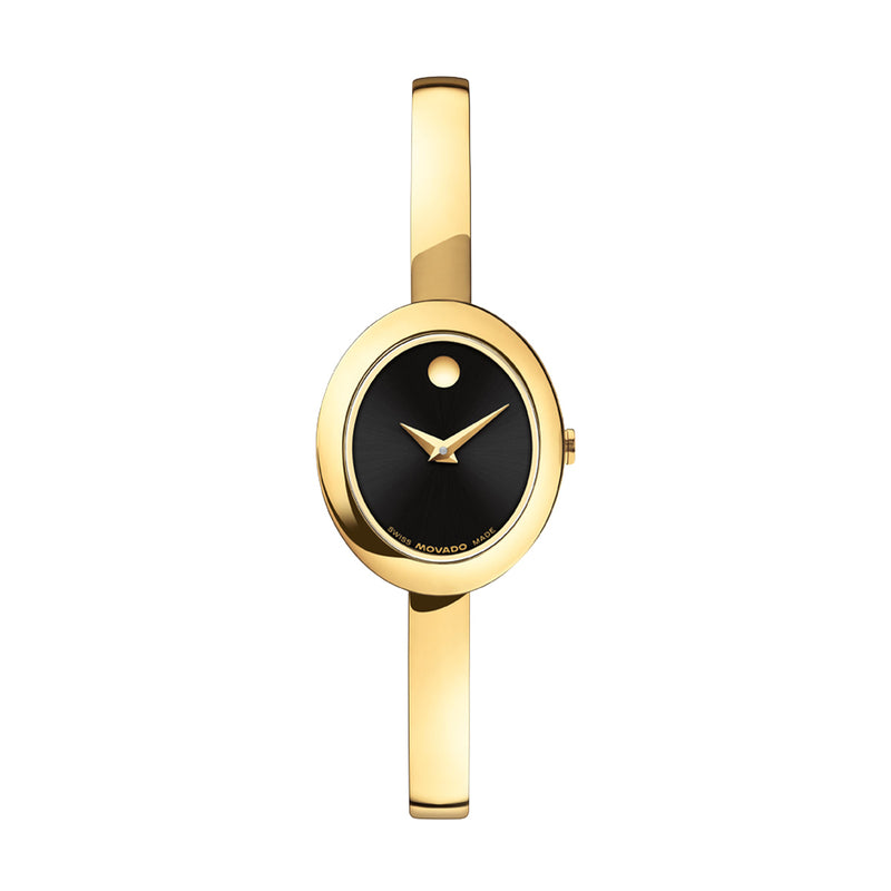 Movado Ladies' Oval Gold Tone Black Dial Bangle Watch 0608110