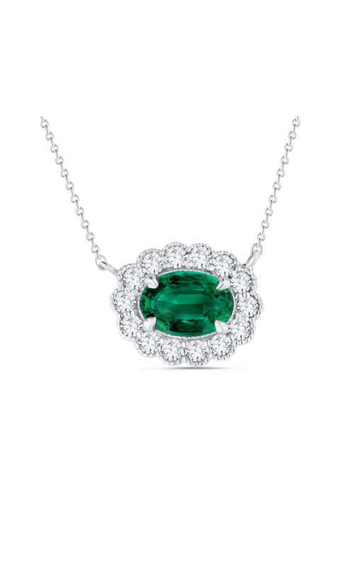 Albert's 14k White Gold .85ct Oval Emerald and .25ctw Round Diamond Halo Necklace P933