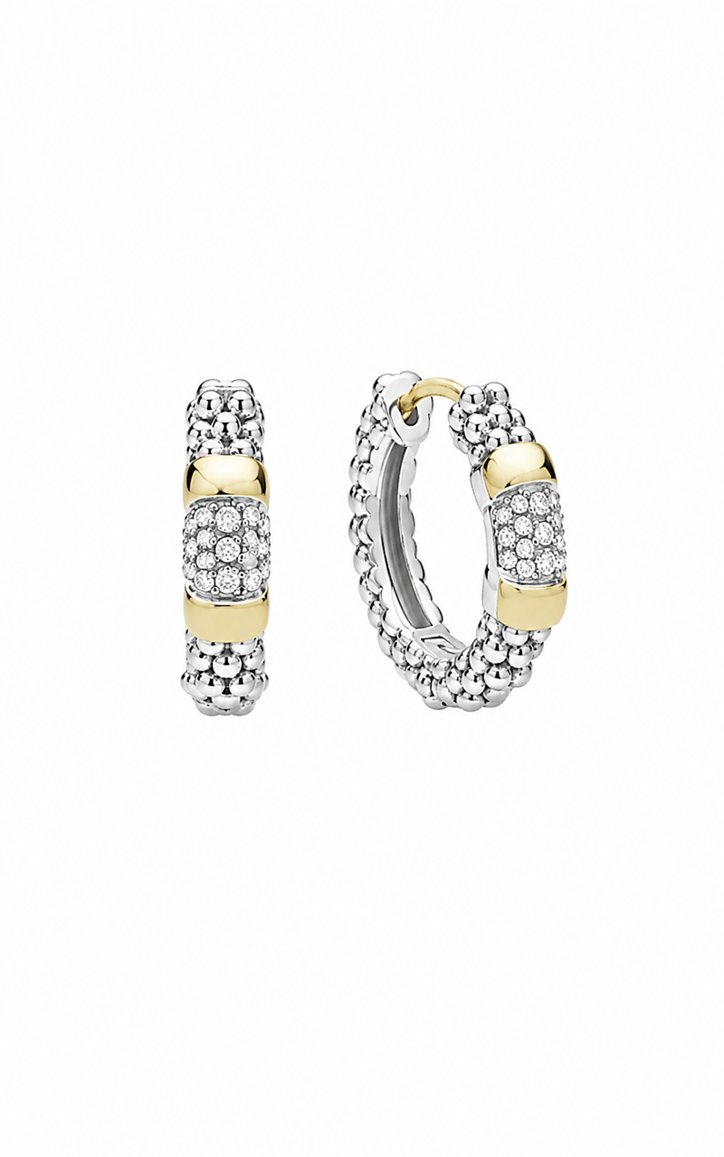 LAGOS Sterling Silver 14ky 3mm Signature Caviar .19tw Two-Tone Diamond Huggie Earrings 01-82237-DD