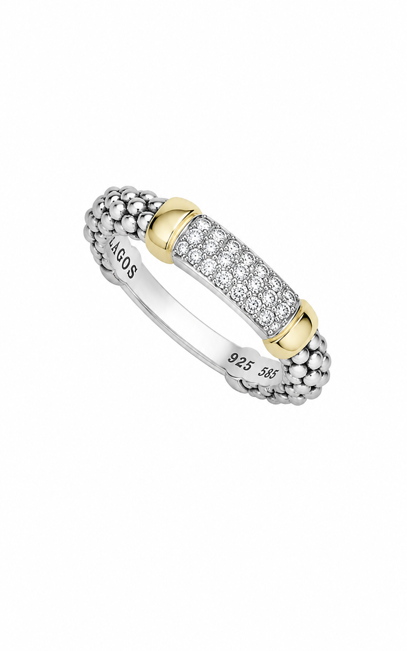 LAGOS Sterling Silver 14ky Signature Caviar 15mm .19tw Two-Tone Medium Diamond Station Ring 02-80859-DD7