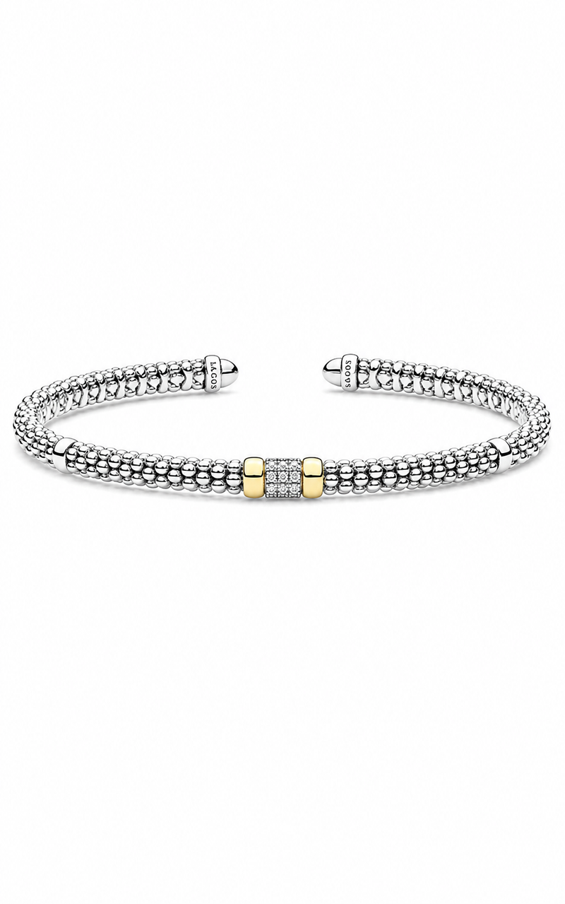 LAGOS Sterling Silver 14ky Signature Caviar 3mm .07tw Two-Tone Small Diamond Station Mini Versa Torque Bracelet 05-81727-DD7