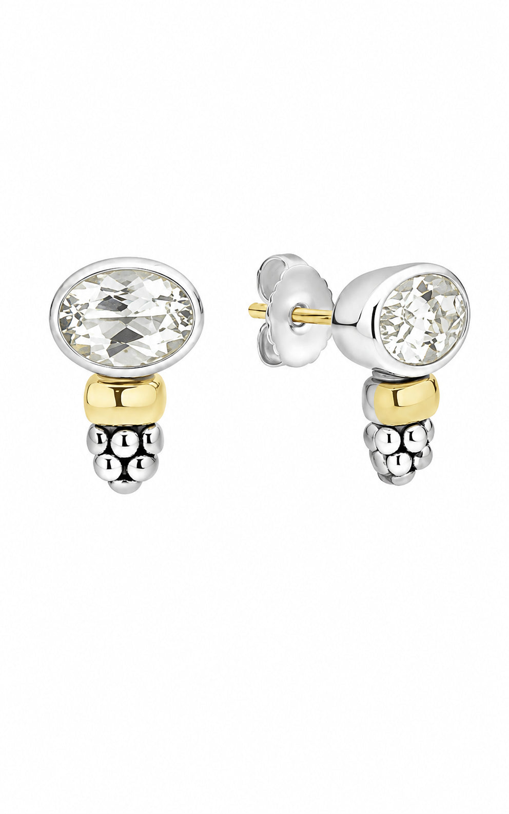LAGOS Sterling Silver 14ky Signature Caviar 12x8 Two-Tone White Topaz Oval Stud Earrings 01-82235-F
