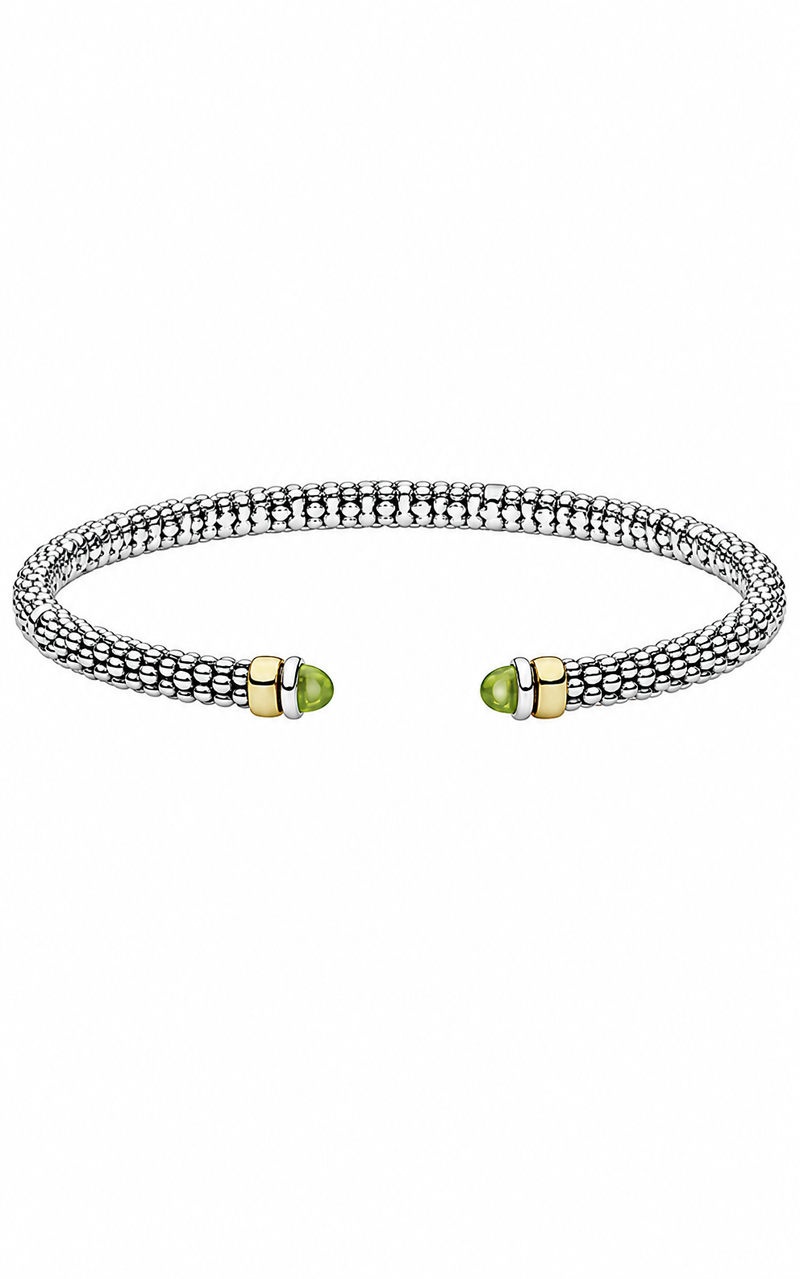 LAGOS Sterling Silver 14ky Signature Caviar 3mm Two-Tone Peridot Mini Versa Torque Bracelet 05-81726-D7