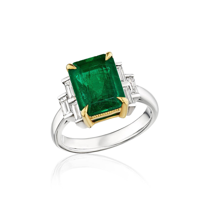 Albert's 18k White and Yellow Gold 3.61ct Emerald Cut Emerald .38ctw Baguette Diamond Cocktail Ring R1209