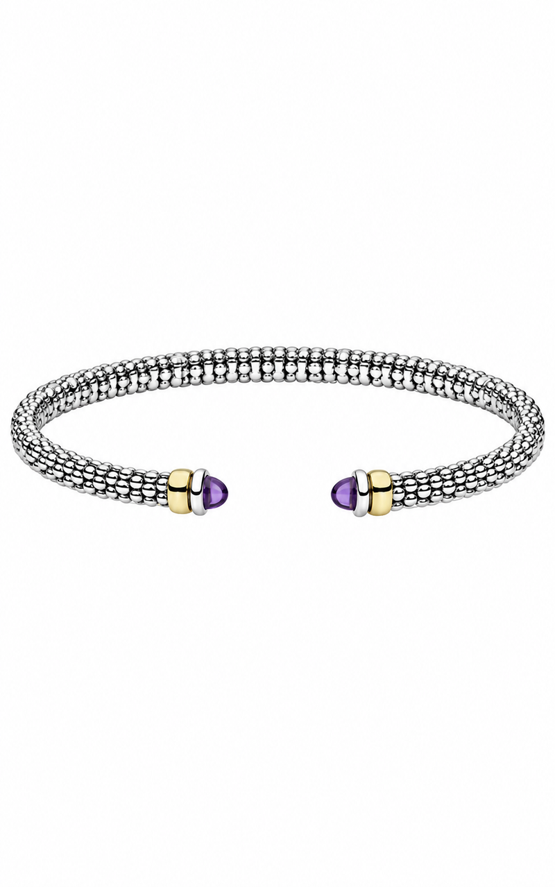 LAGOS Sterling Silver 14ky Signature Caviar 3mm Two-Tone Amethyst Mini Versa Torque Bracelet 05-81726-A7