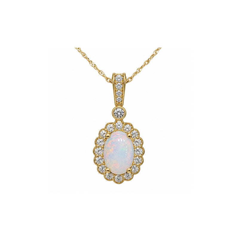 Albert's 14k Yellow Gold .50ct Oval Opal and .25ctw Round Halo 18" Necklace C8304F