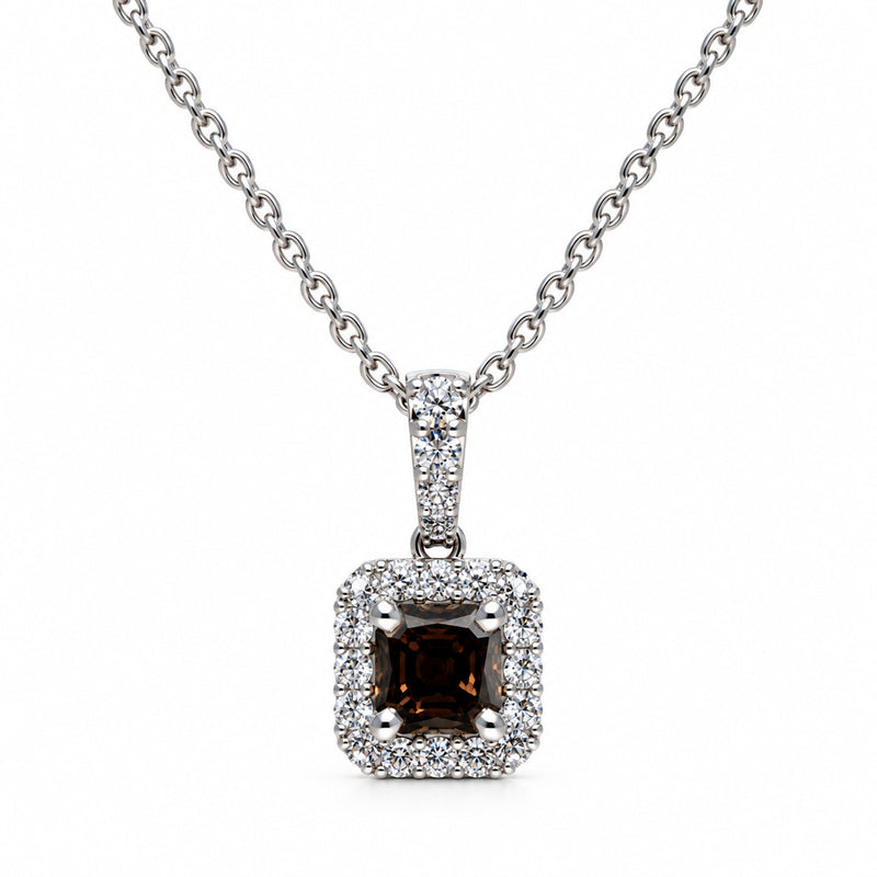 Ashley Lauren 14k White Gold .50ct Square Emerald Cut Fancy Dark Pinkish Brown SI2 .13ctw Round Diamond 16-18" Adjustable Halo Necklace FB-535/P1422-A052A