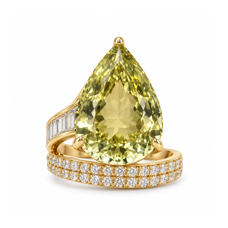 Ashley Lauren 18k Yellow Gold 10.90 Pear Shaped Yellow Green Tourmaline and .45ctw Round .34ctw Baguette Diamond Ring R1982-18Y