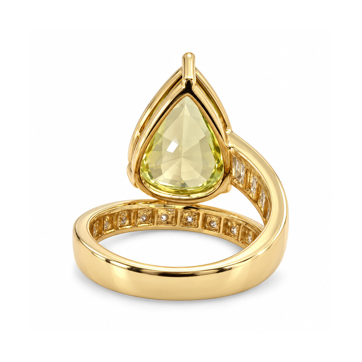 Ashley Lauren 18k Yellow Gold 10.90 Pear Shaped Yellow Green Tourmaline and .45ctw Round .34ctw Baguette Diamond Ring R1982-18Y