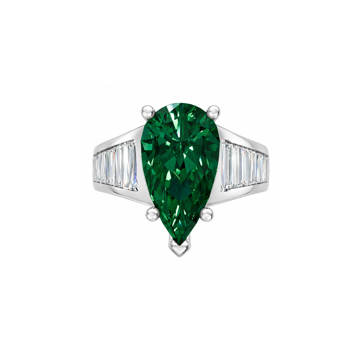 Albert's 14k White Gold 2.86ct Pear Shaped Green Emerald and .86ctw Tapered Baguette Ring REC963946-2 559211B