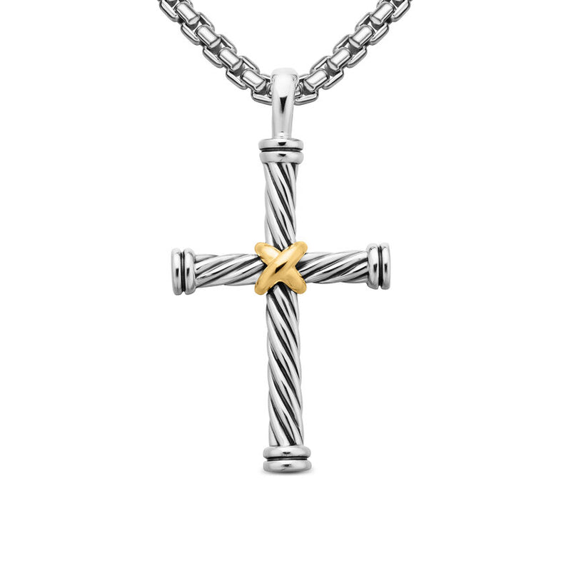 Cable Cross Pendant in Sterling Silver with 18K Yellow Gold, 35mm
