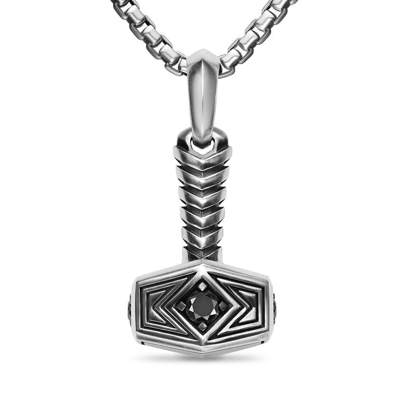 Thor Hammer Amulet in Sterling Silver with Black Diamonds, 25mm