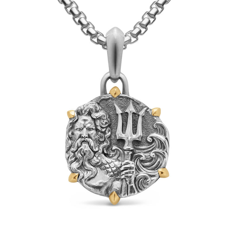 Poseidon Amulet in Sterling Silver with 18K Yellow Gold, 26.4mm