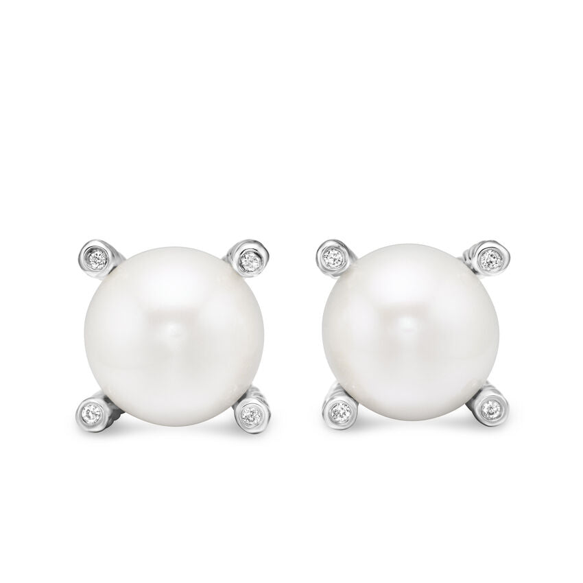 Pearl Stud Earrings in Sterling Silver with Pearls and Diamonds, 14mm
