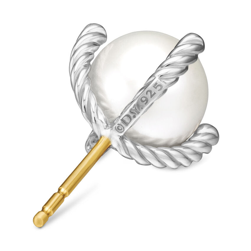 Pearl Stud Earrings in Sterling Silver with Pearls and Diamonds, 14mm