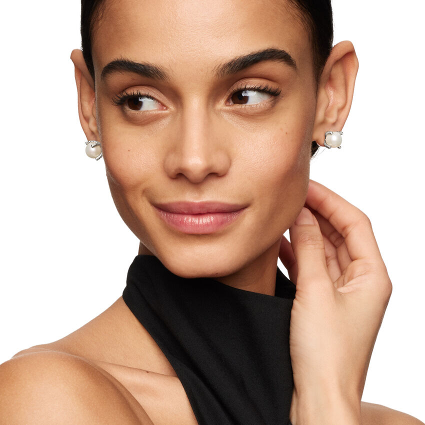 Pearl Stud Earrings in Sterling Silver with Pearls and Diamonds, 14mm