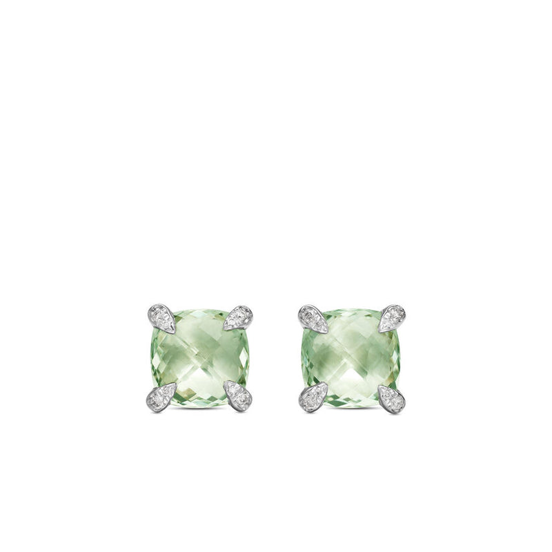 Chatelaine® Stud Earrings in Sterling Silver with Prasiolite and Diamonds, 9mm