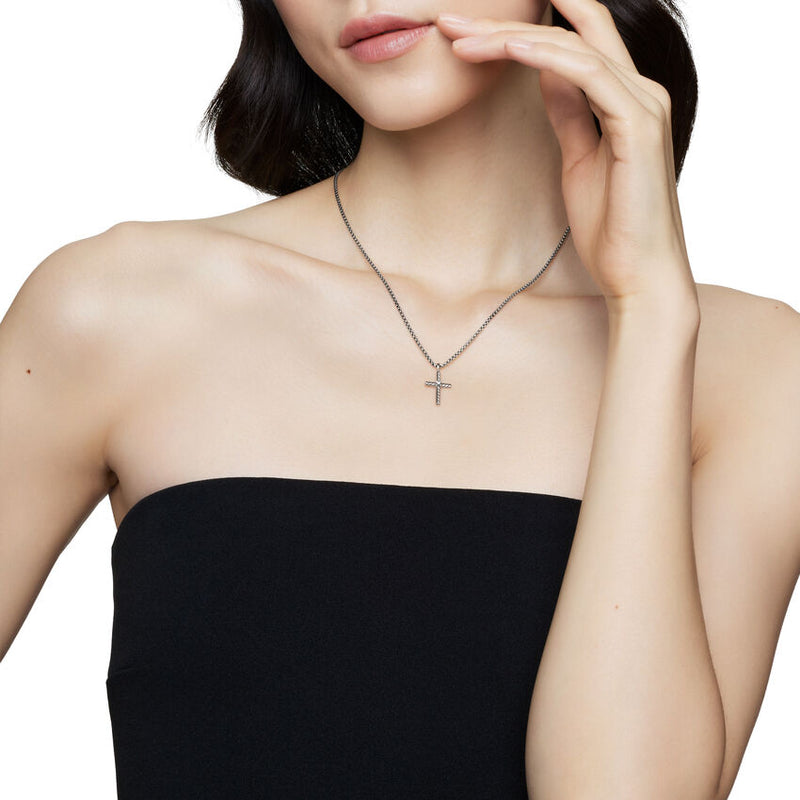 Classic Cable Cross Necklace in Sterling Silver with Center Diamond, 24.3mm