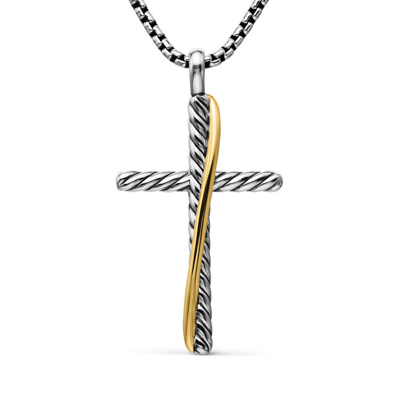 Crossover Cross Necklace in Sterling Silver with 18K Yellow Gold, 35.6mm