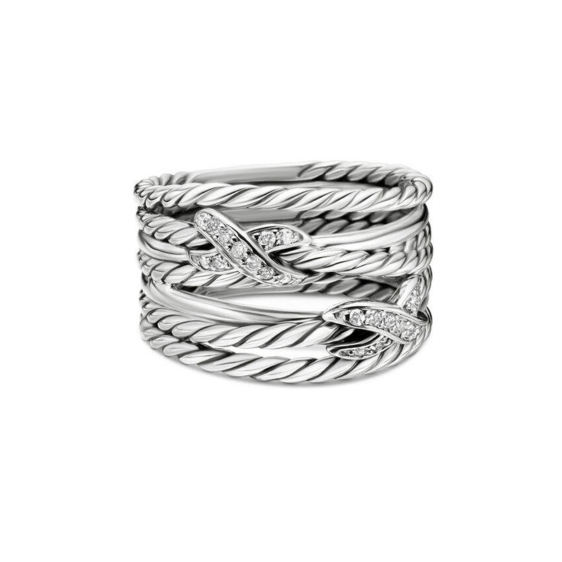 Double X Crossover Ring in Sterling Silver with Diamonds, 13mm