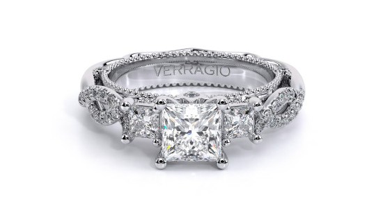 a vintage-inspired ring by Verragio with a princess cut center stone and intertwining band