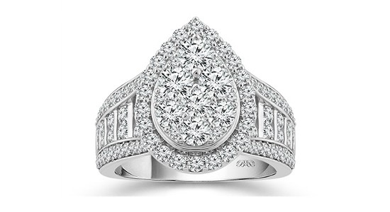 a white gold engagement ring featuring a halo setting, side stones, and a multi-stone center