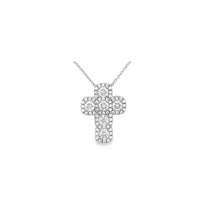 A white gold diamond cross pendant against a white background