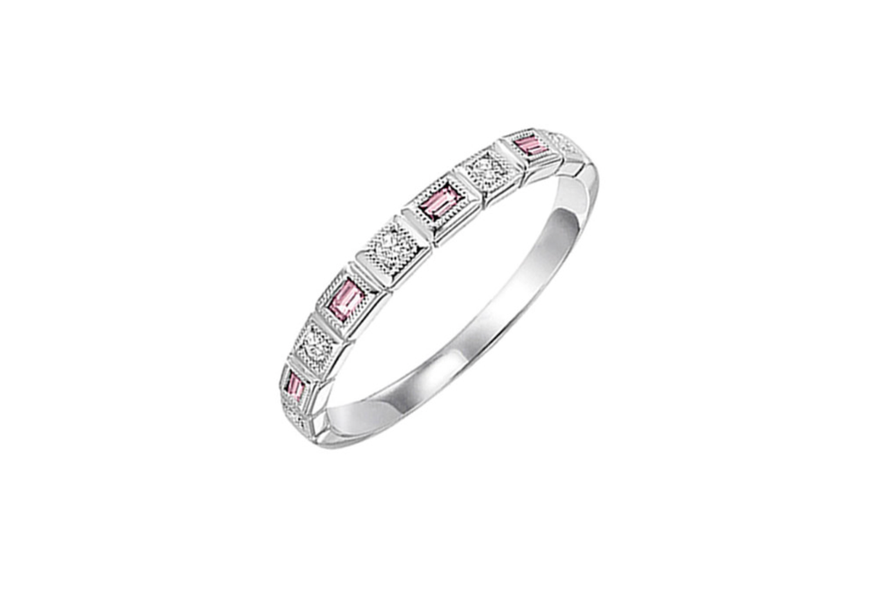 A white gold diamond and pink tourmaline ring.