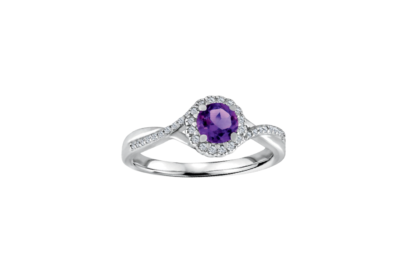 A sterling silver diamond ring with a circular amethyst center stone.