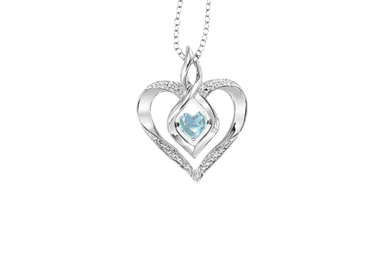 A sterling silver aquamarine heart-shaped necklace.