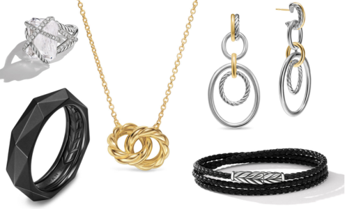 A close-up of 5 pieces of jewelry by David Yurman, all available at Albert’s Diamond Jewelers.
